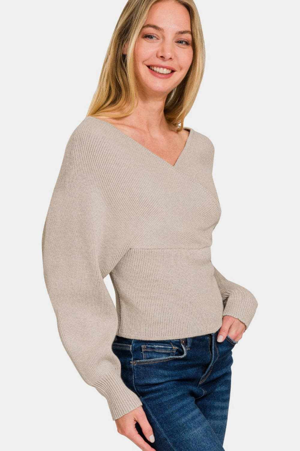 Sweater - Ribbed Cross Wrap - Cozy Knit Top