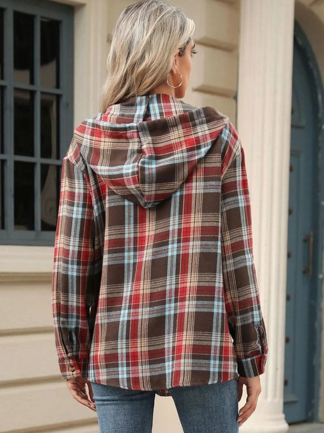 Trendsi Plaid Hooded Long Sleeve Shirt