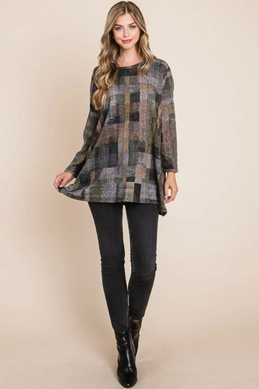 Trendsi BOMBOM Plaid Round Neck Long Sleeve Top