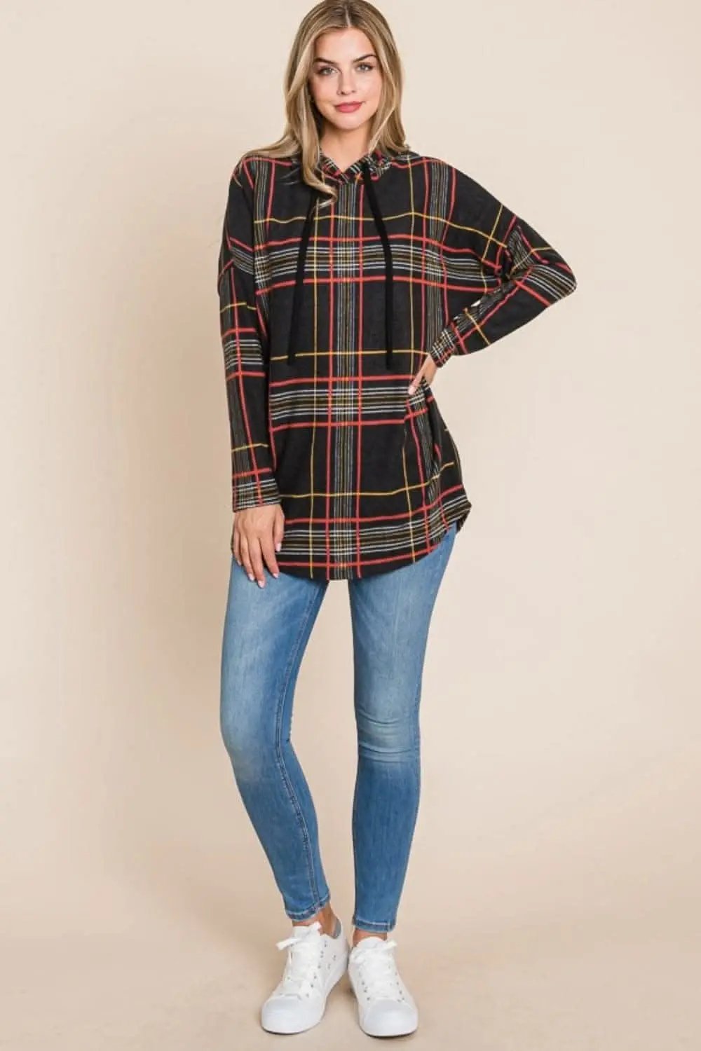 Trendsi Plaid drawstring hoodie for comfort