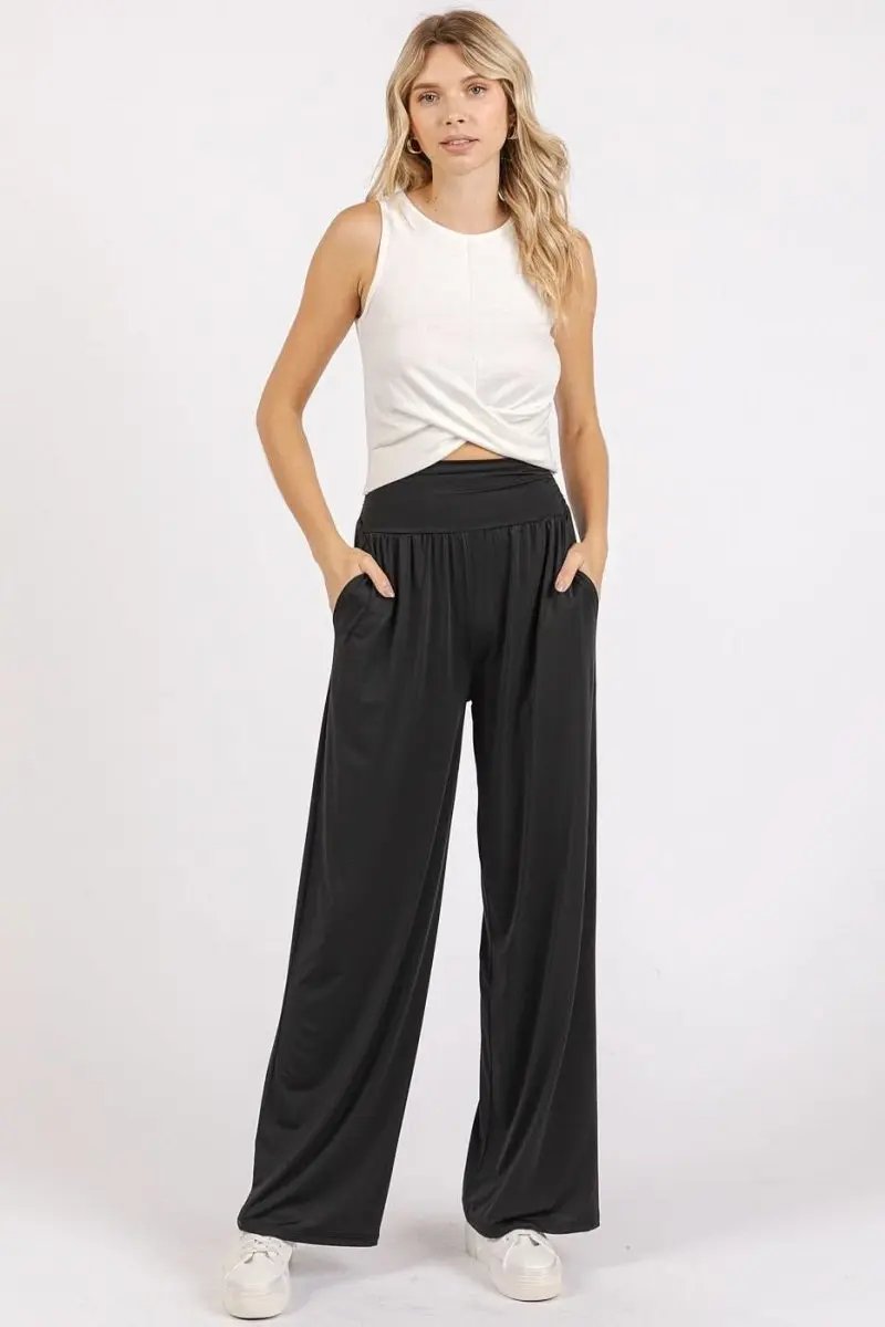 Trendsi Wide Leg Pants Women's Casual Trousers with Pockets Stretchy Waist