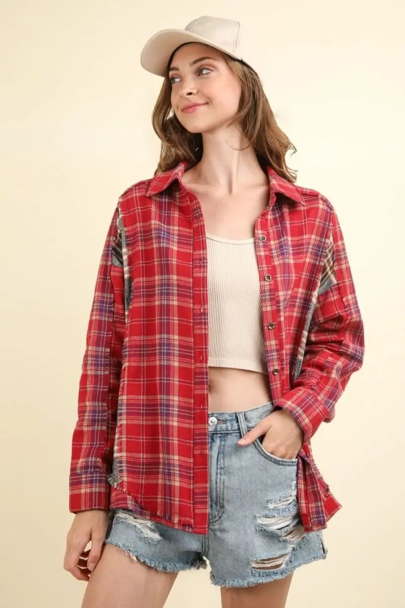 Trendsi Plaid Shirt Women's Casual Raw Hem Top Trendy Comfy