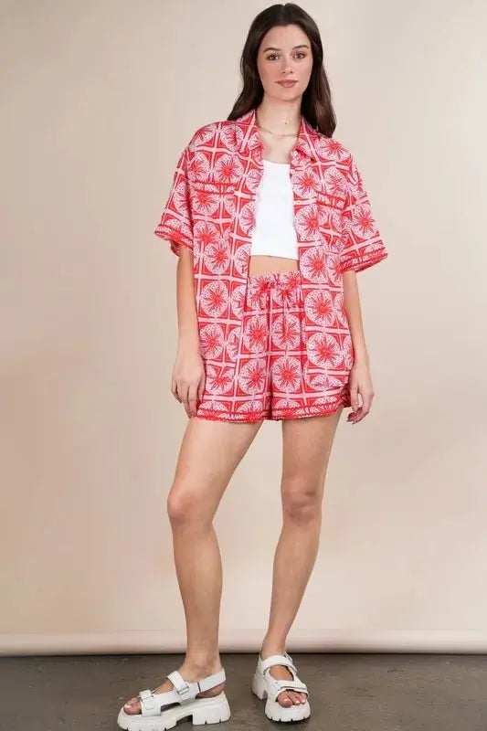 Women's Shirt & Shorts Set - Lightweight Plus Size - Tropical Print