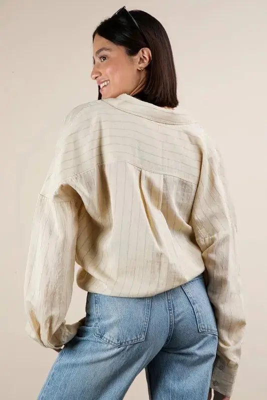 Women's Striped Oversized Button Down Shirt - Casual Comfy