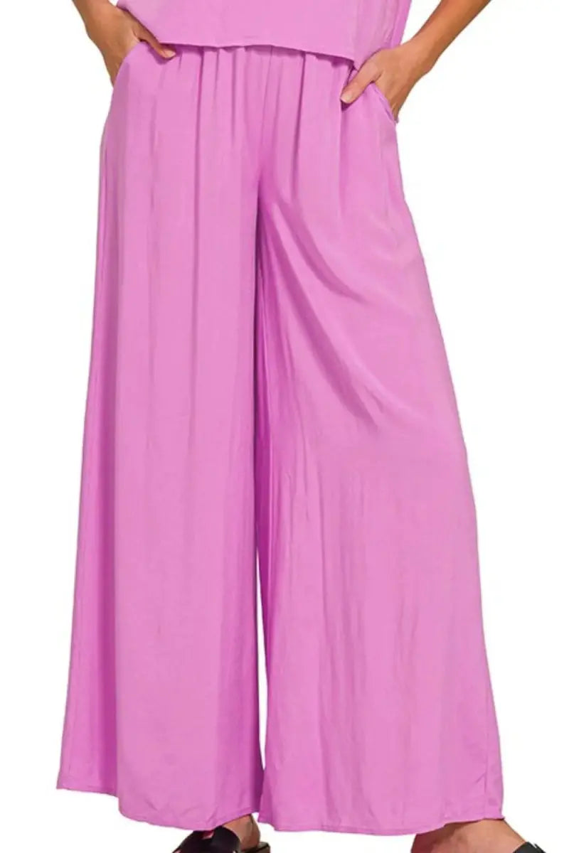 Women's Loungewear Set - Soft & Comfy - Round Neck Tee & Wide Leg Pants