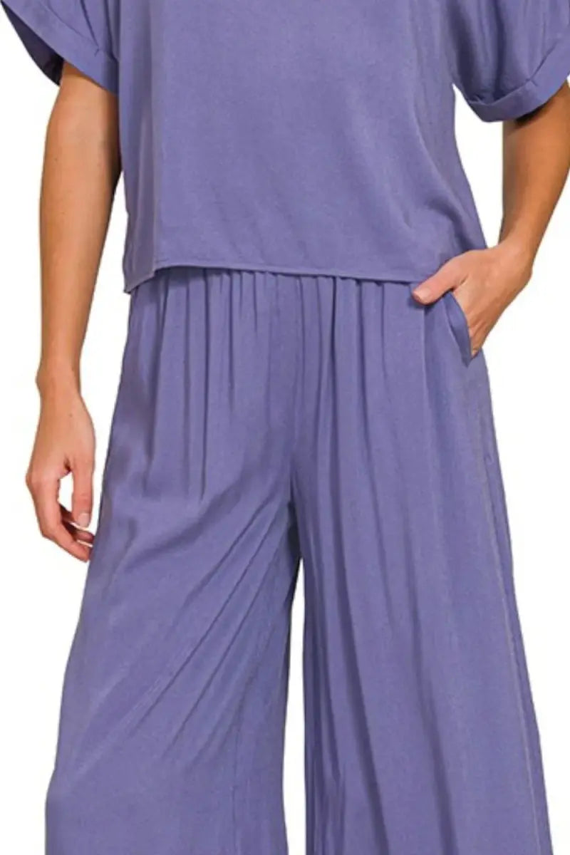 Women's Loungewear Set - Comfy Soft - Wide Leg Round Neck