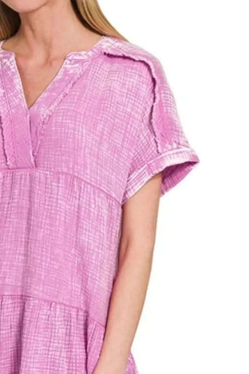 Women's Dress - Lightweight Gauze V-Neck - Casual Summer Raw Edge