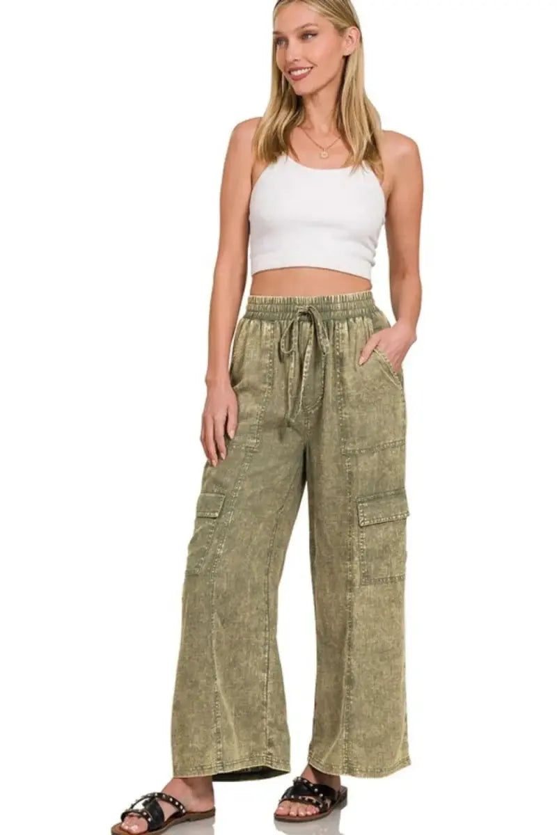 Trendsi Linen Cargo Pants Women's Casual Elastic Waist Relaxed Fit