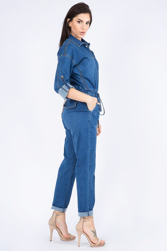 Roll up Chain Back Denim Jumpsuits