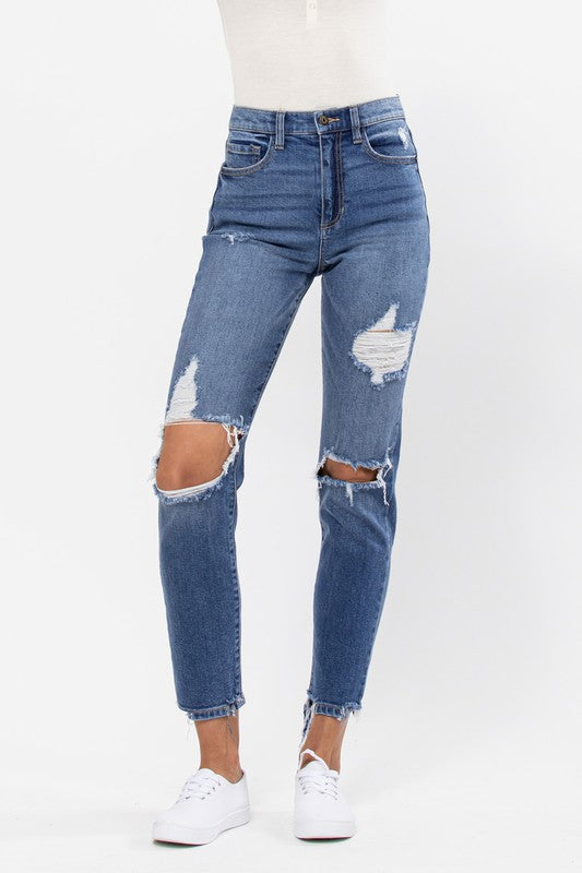 High Rise 90's Skinny Jeans with Destroyed Knees