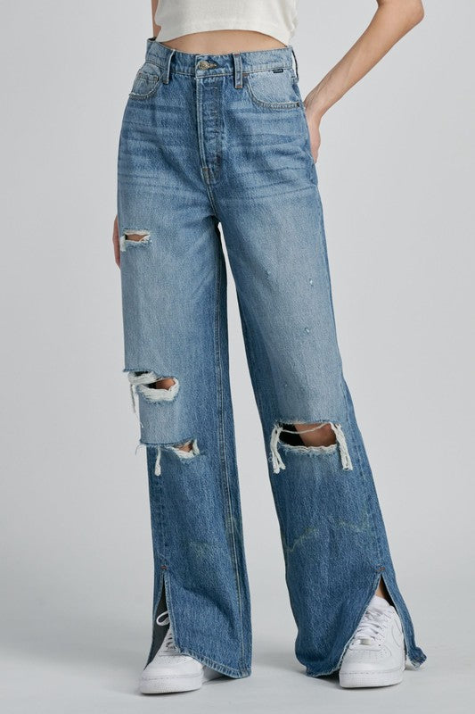 High Rise 90's Puddle Baggy Jean With Side Slit