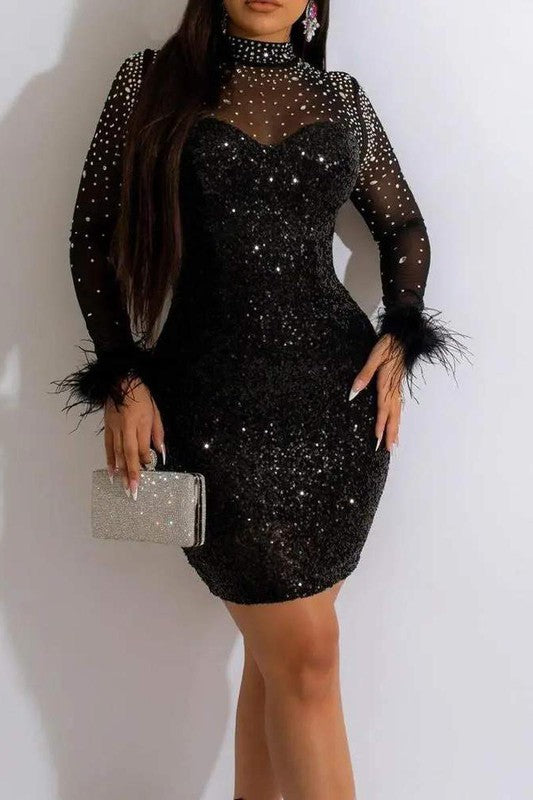 Party Dress Bedazzled Feather Long Sleeve Dress