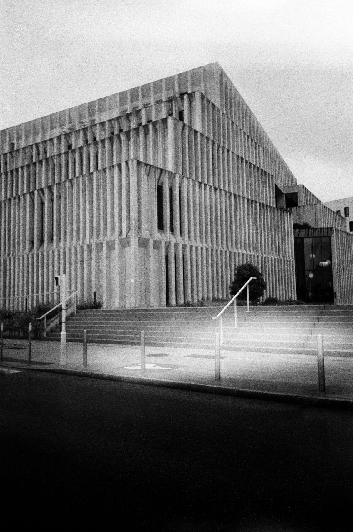 Brutalist concrete architecture in black and white