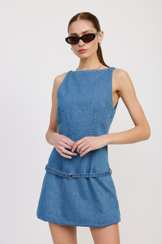 DENIM MINI DRESS WITH LOW WAIST BELT — Star Product of the Day at Jeans.com