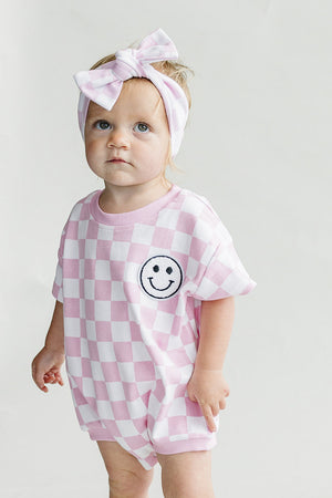 Short Sleeve Bubble Romper | Checkered Smiley Pink — Star Product of the Day at Jeans.com