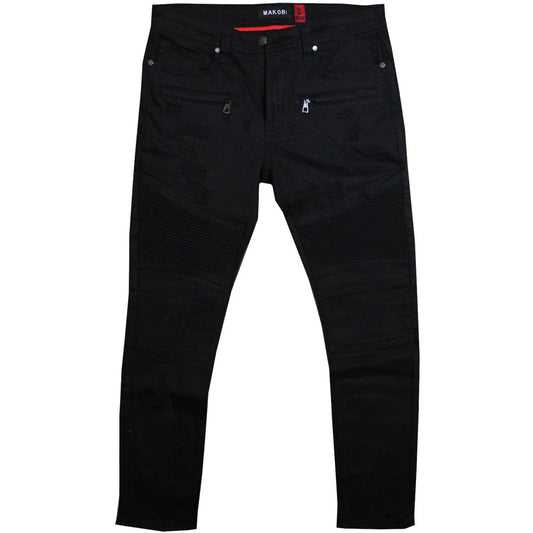 M1786 Makobi Prado Biker Jeans with Rip & Repair - Black/Black — Star Product of the Day at Jeans.com
