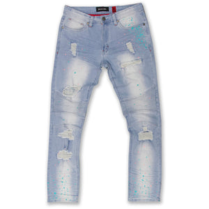 M1783 Makobi Cape Biker Jeans with Paint Splash - Light Wash — Star Product of the Day at Jeans.com