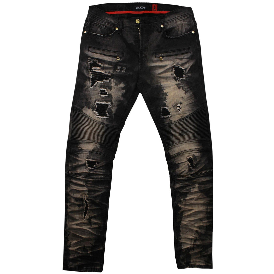 M1798 Makobi Biker Jeans with Blasting & Repair Stitching - Black Wash — Star Product of the Day at Jeans.com