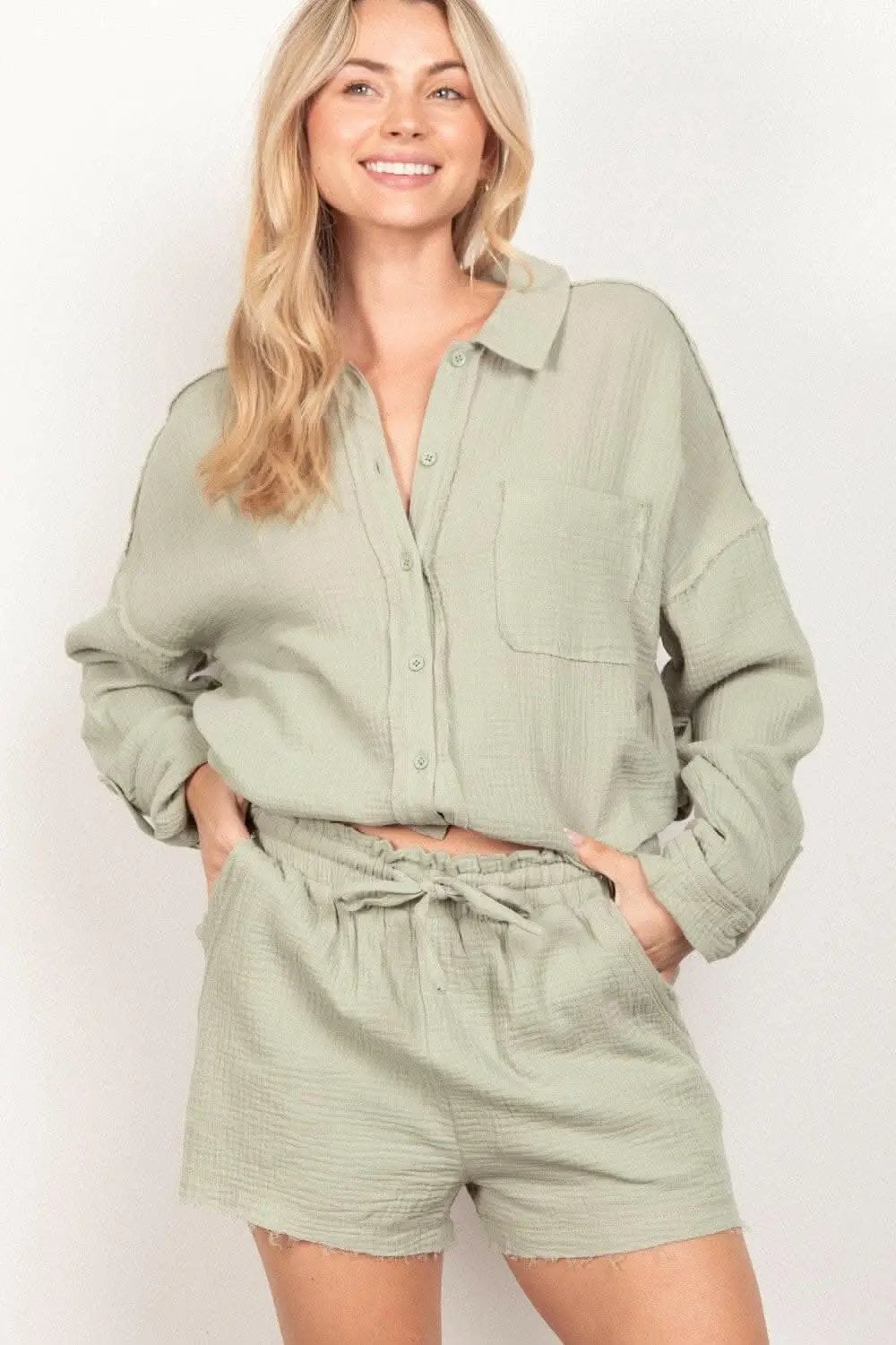 Trendsi Texture Button Up Shirt Set Women's Casual Shorts Outfit Lightweight — Star Product of the Day at Jeans.com