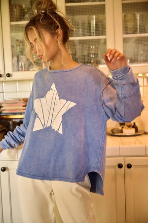Women's Long Sleeve Top - Star Graphic Mineral Wash - Trendy & Comfy — Star Product of the Day at Jeans.com