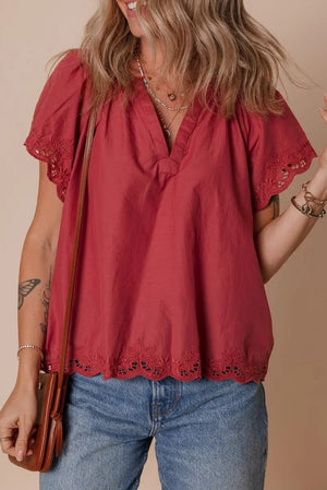 Women's Blouse - Red Floral Embroidery & Scallop Trim - Cute Daily Top — Star Product of the Day at Jeans.com