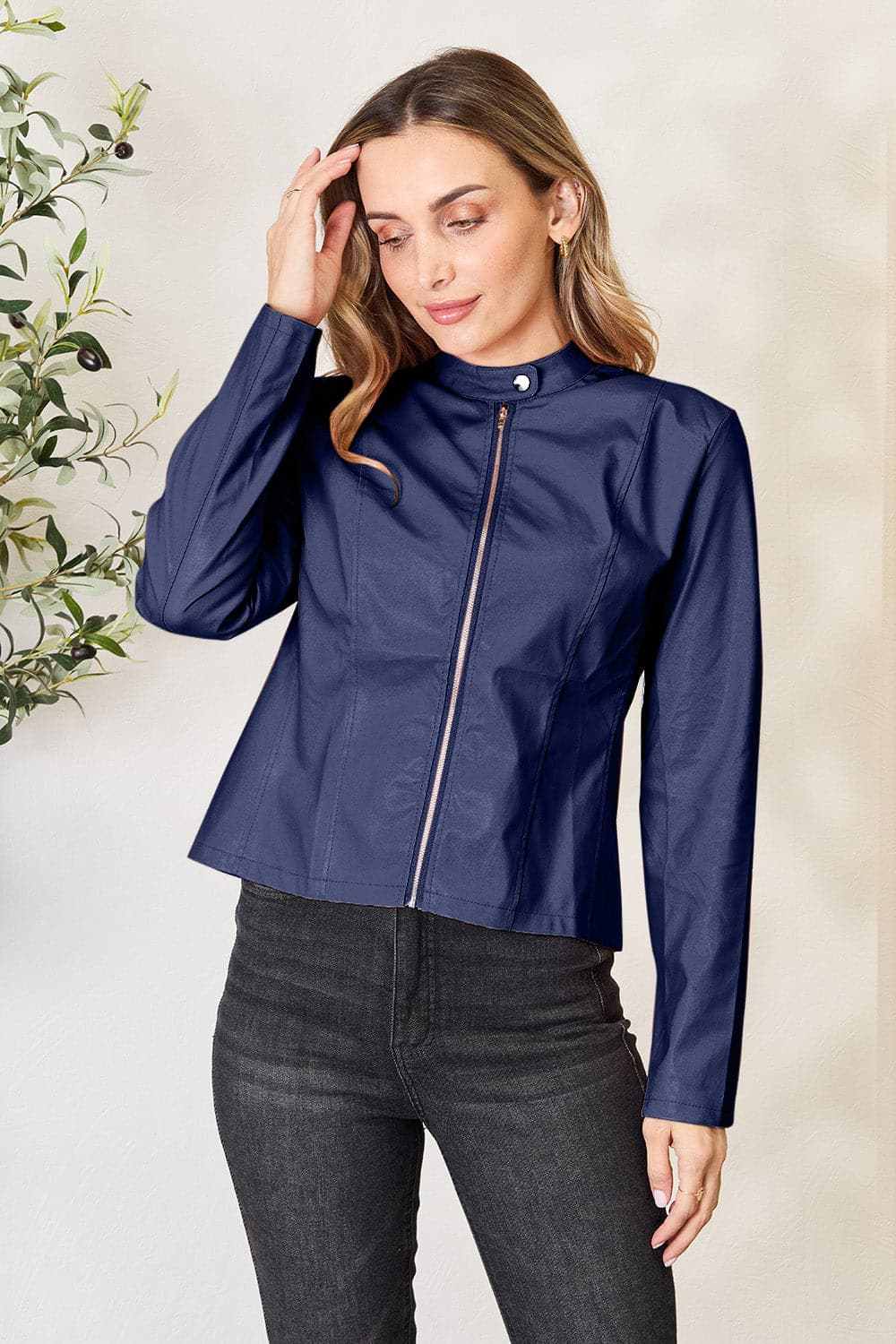 Trendsi Chic mock neck zip-up jacket