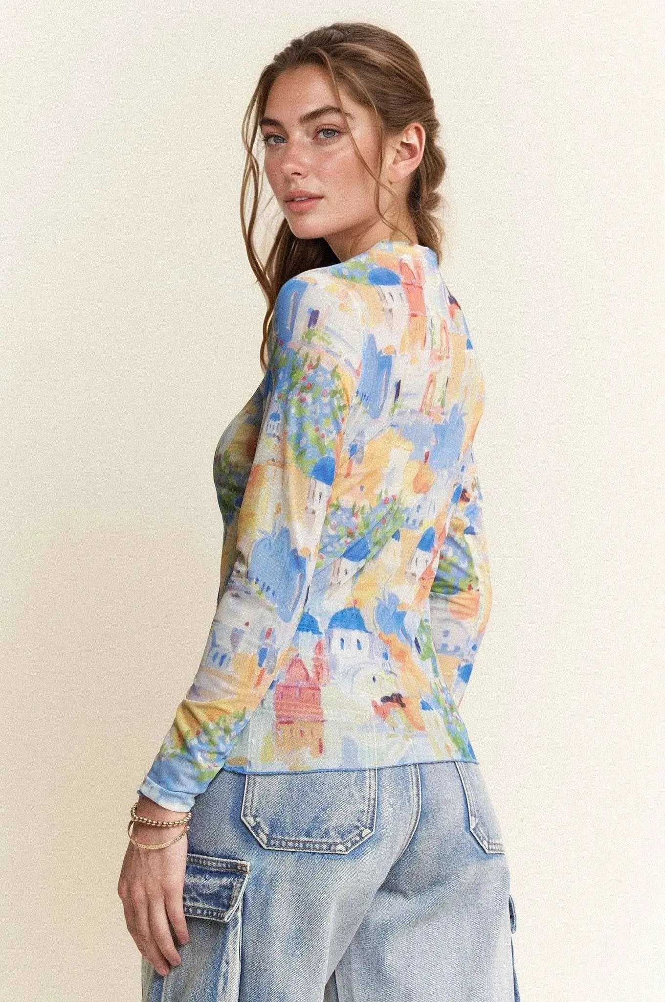 Mesh Top - Print Long Sleeve Lightweight - Casual Trendy