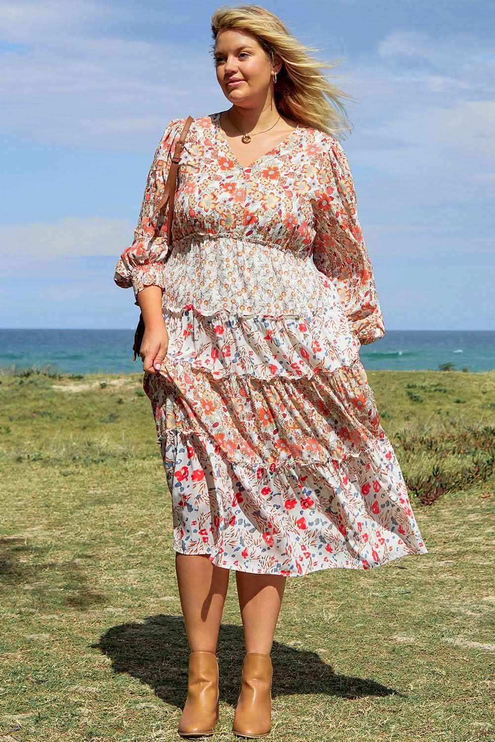 Love Salve Khaki Floral Maxi Dress Women's Fall Southern Belle Style + Comfy Fit