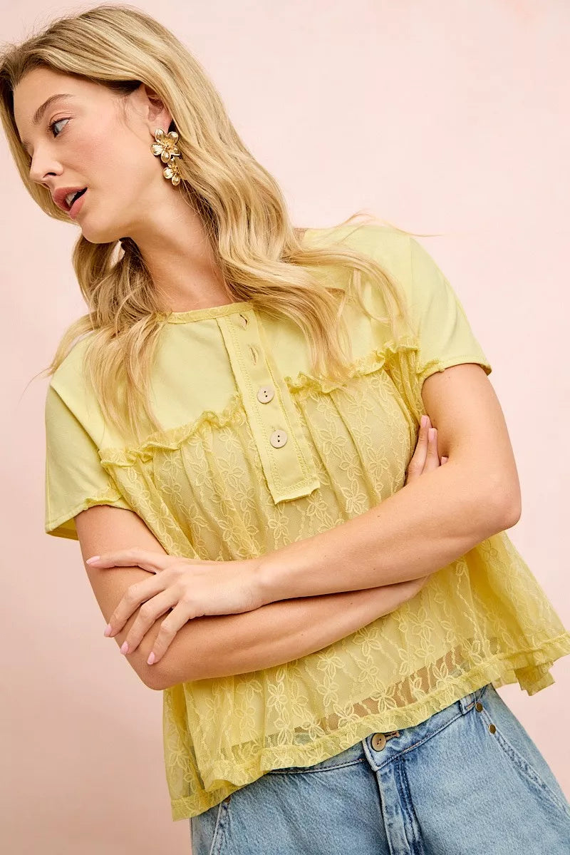BiBi Solid Jersey With Lace Combo Ruffled Buttoned Top