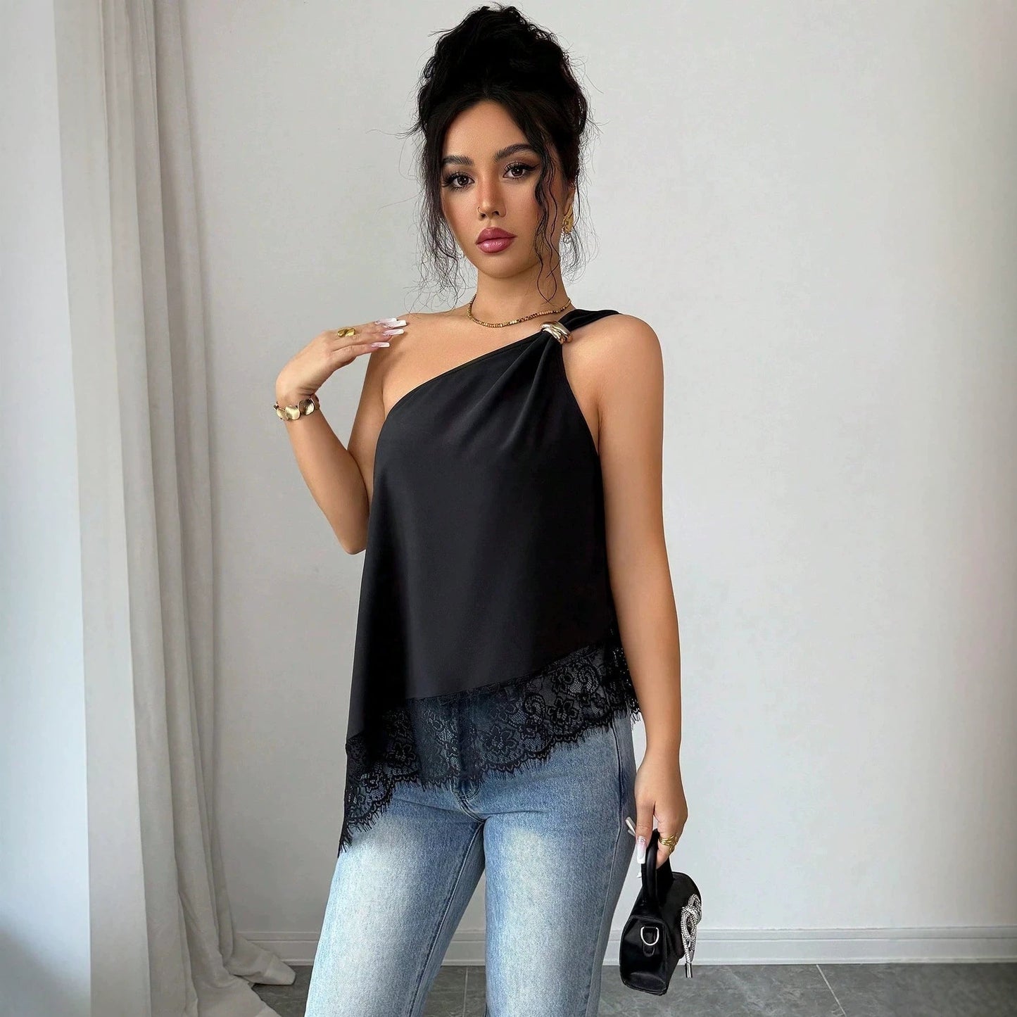 Off-Shoulder Metal Buckle Lace Patchwork Vest – Irregular Hem Loose Fit