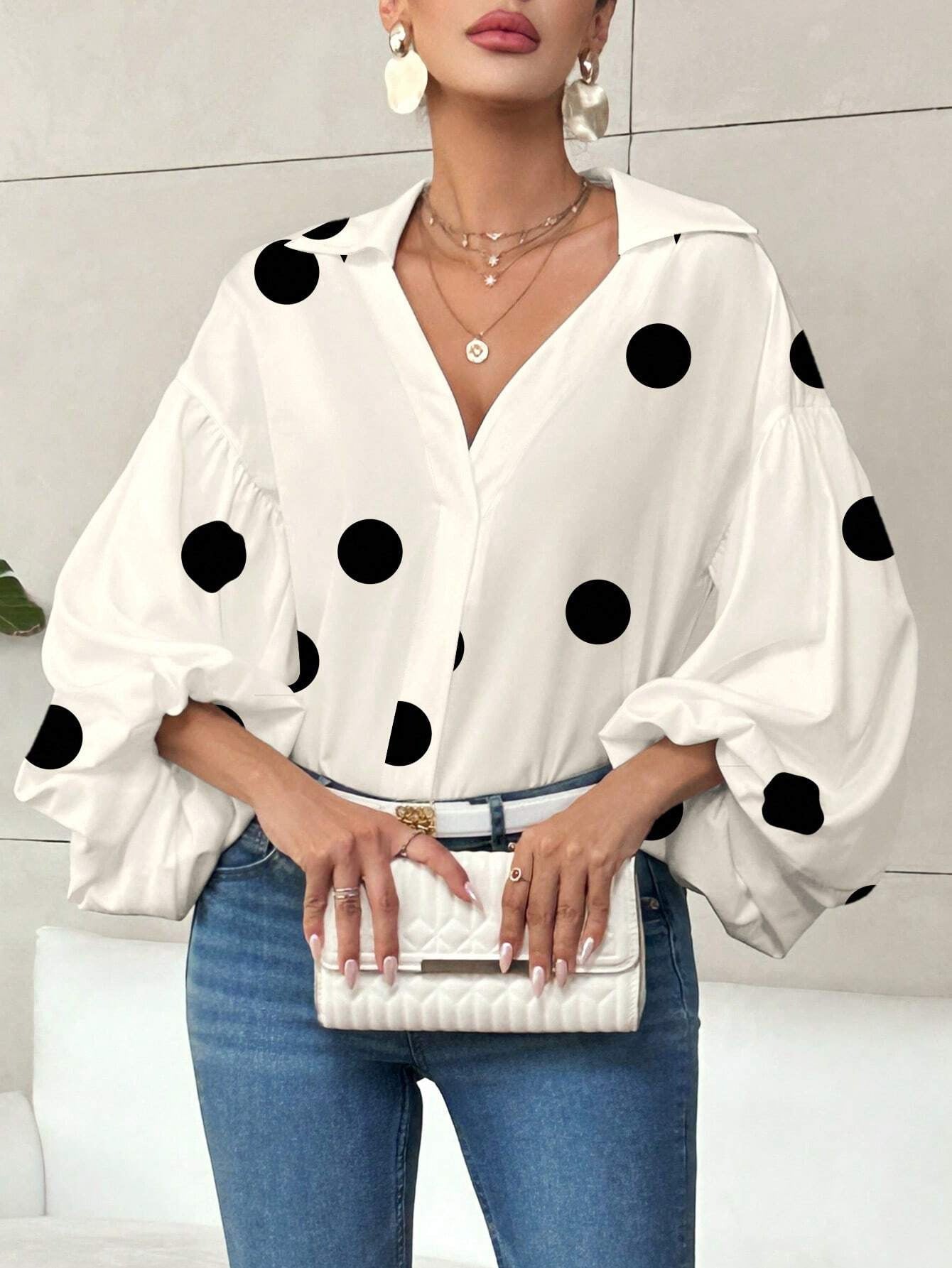 Polka Dot Loose Bubble Sleeve Top – Half-Open Neck Long Sleeve