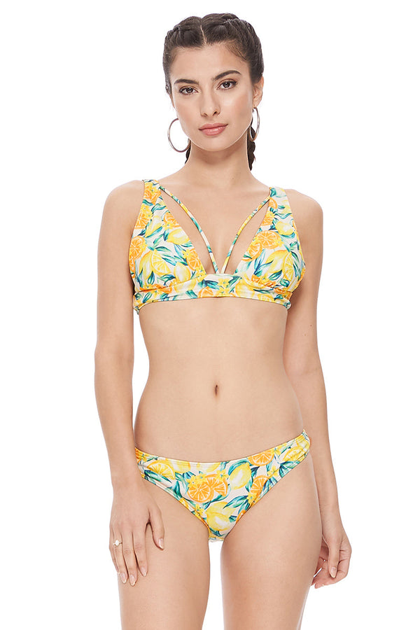 TEXTURED LEMON PRINT STRING DETAIL HALTER BIKINI SET