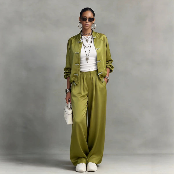 Women's Satin Two-Piece Set — Frog Button Jacket & Wide Leg Pants