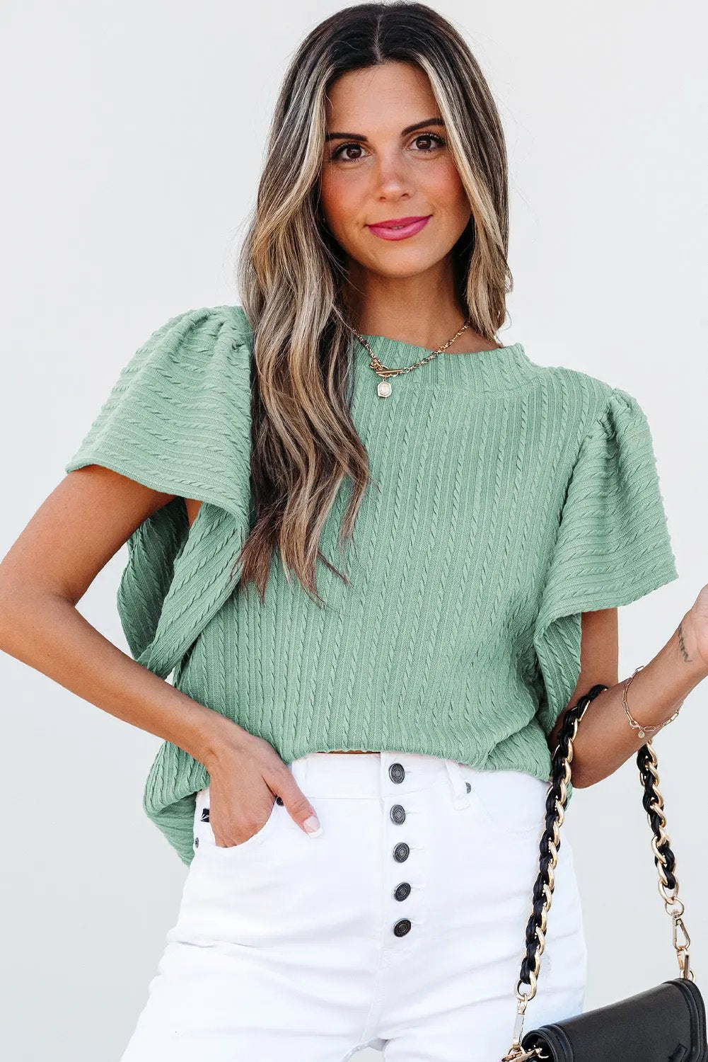 Love Salve Green Textured Top Women's Daily Wear Flutter Sleeve Blouse - Summer Ready