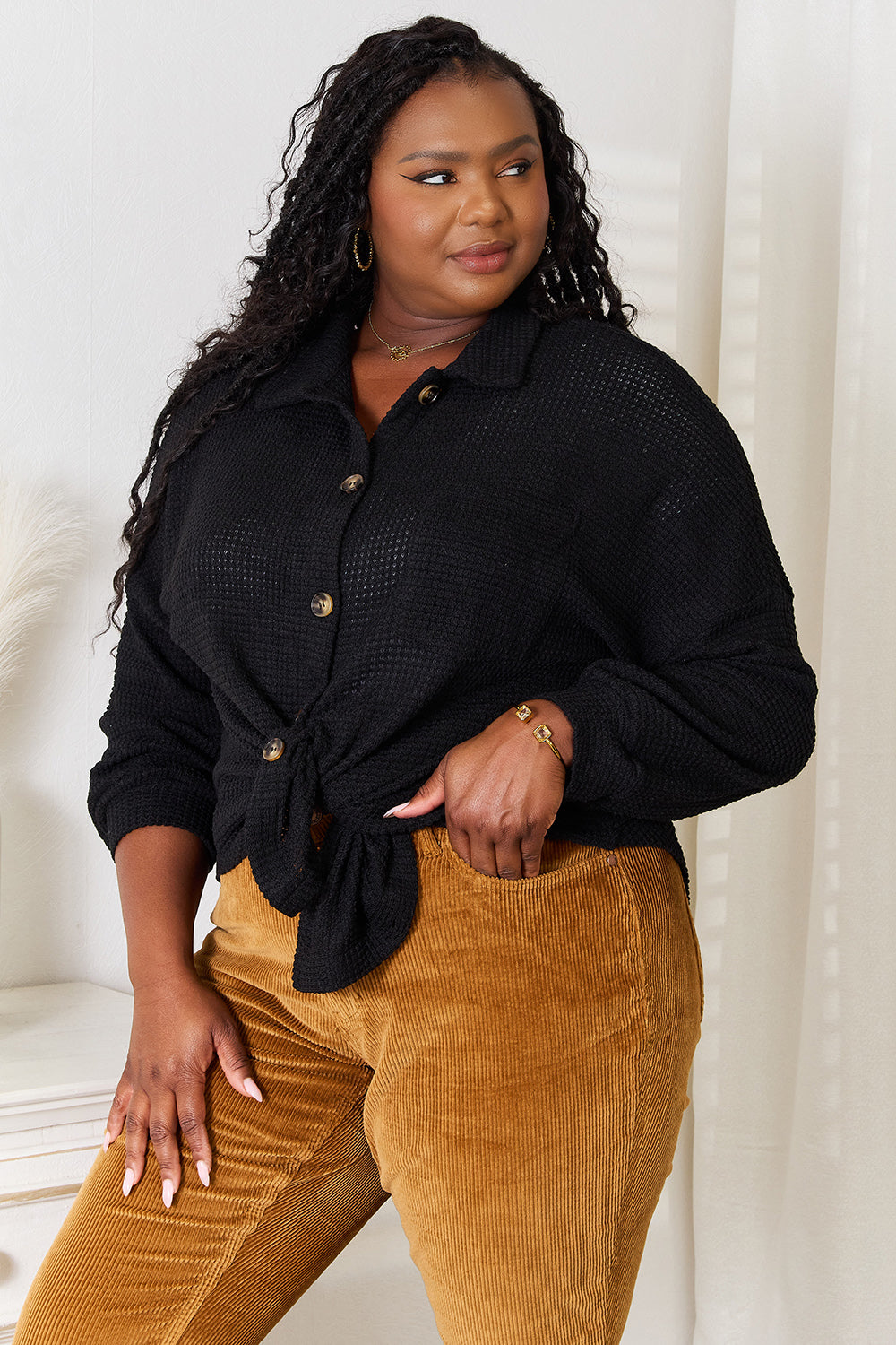 Double Take Waffle-Knit Collared Shirt