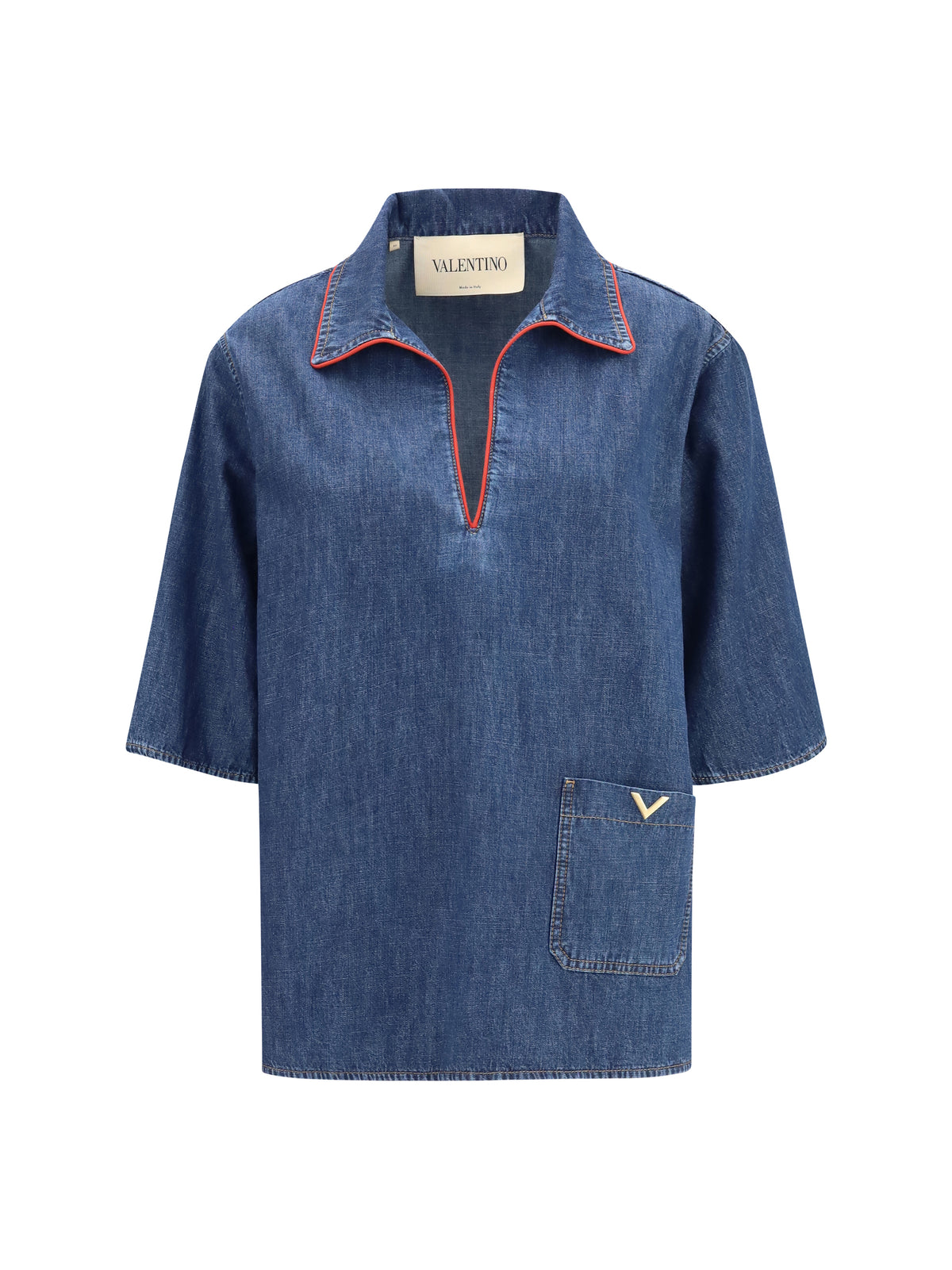 Short-Sleeve V-Neck Denim Shirt