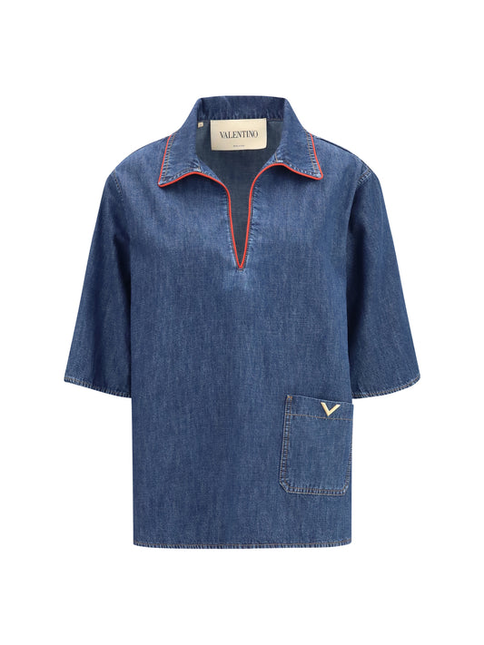 Short-Sleeve V-Neck Denim Shirt