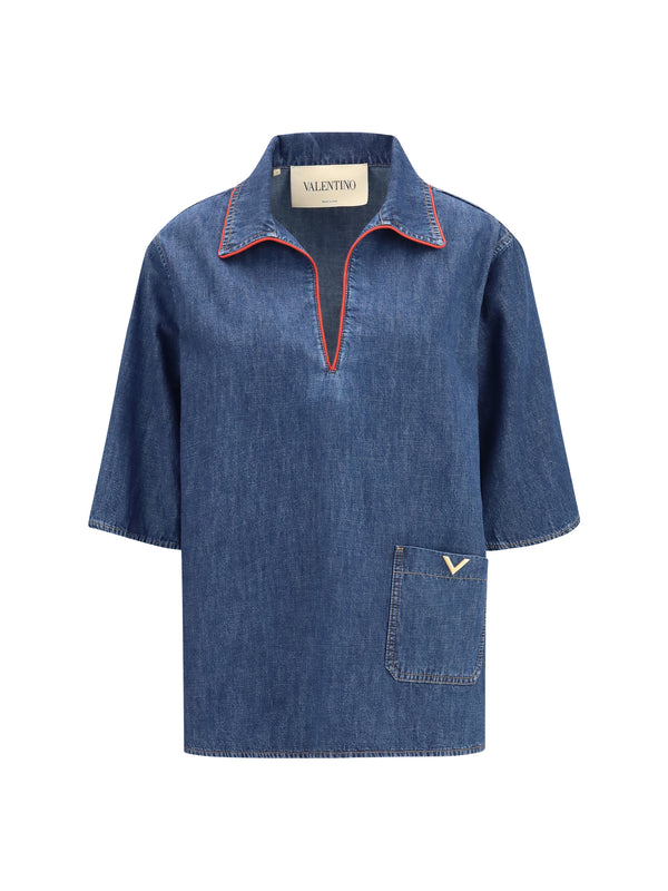 Short-Sleeve V-Neck Denim Shirt