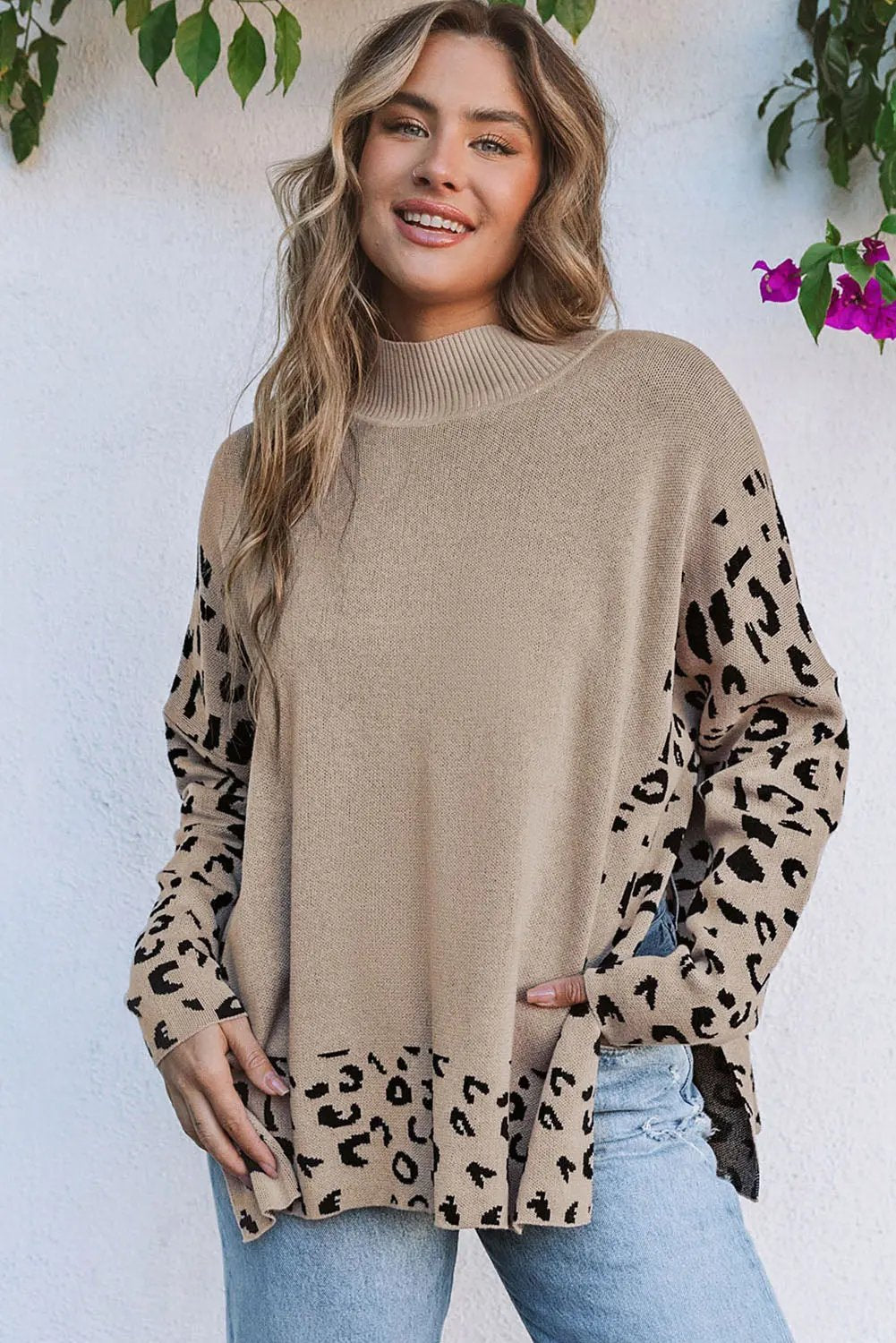Women's Sweater - Leopard Print High Neck Side Slit - Oversized Daily