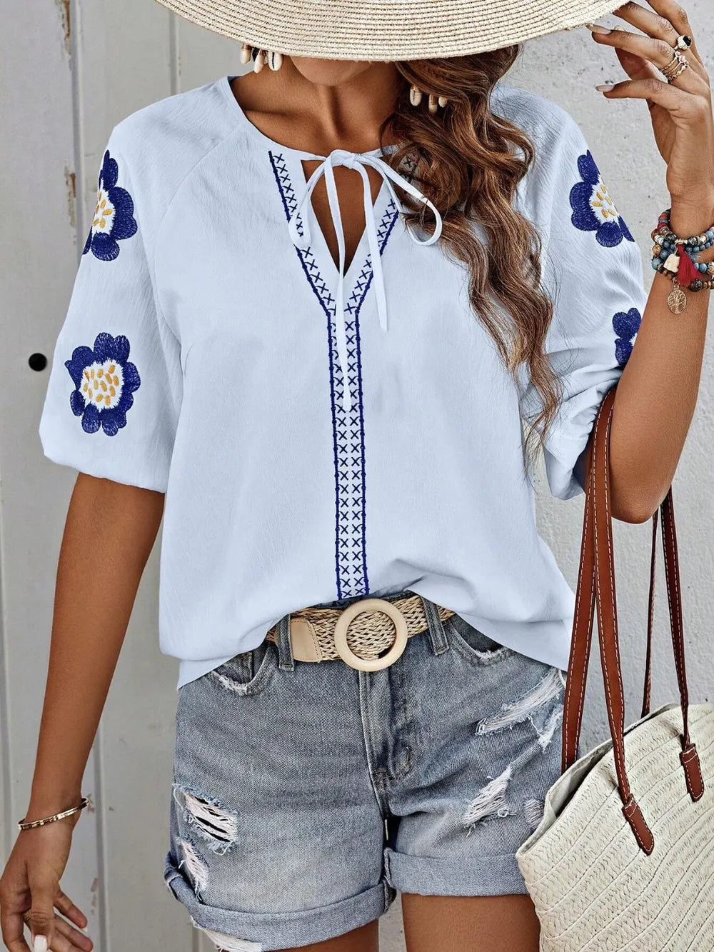 V-Neck Solid Color Loose Long Sleeve Top – Embroidered Tie Detail