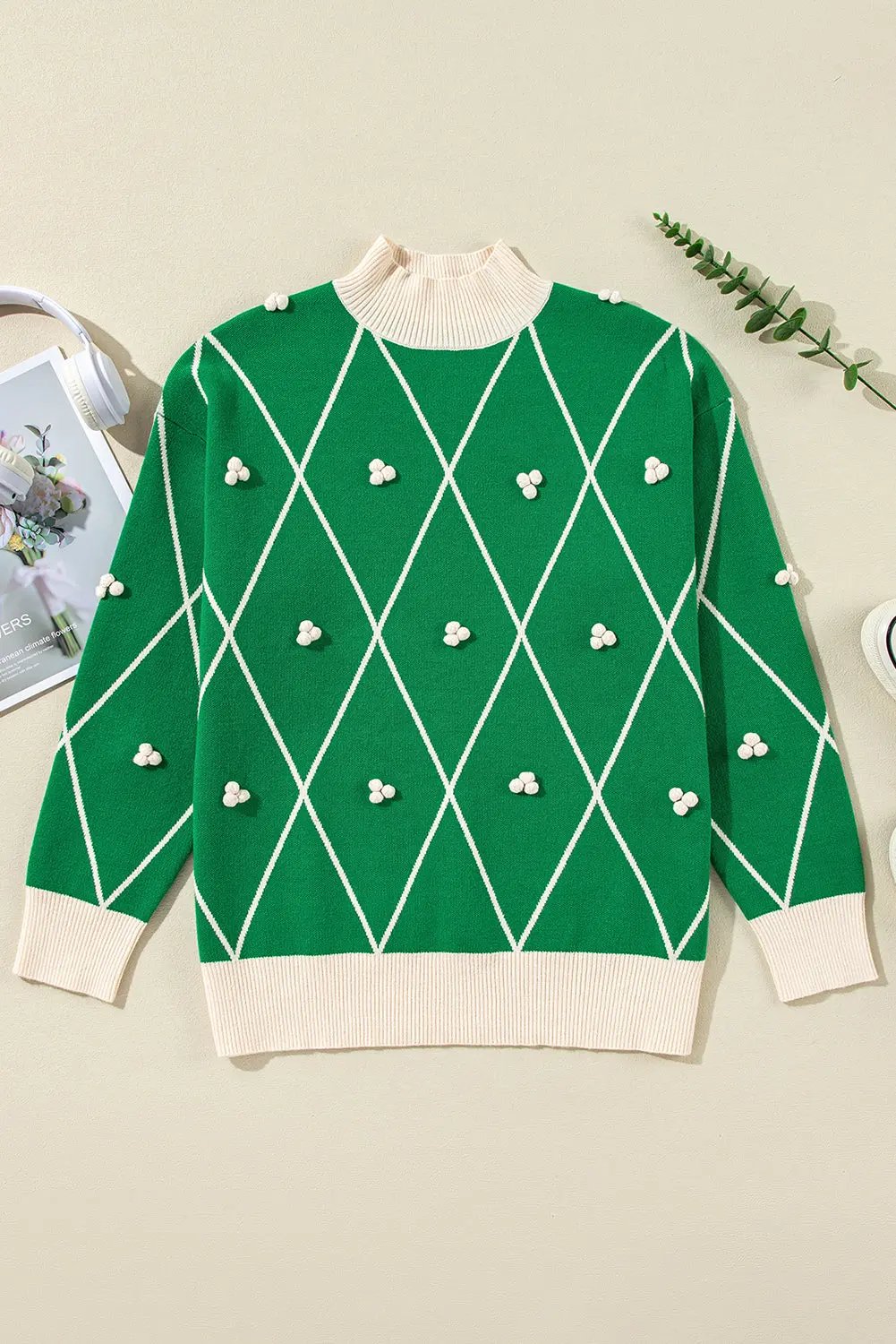 Women's Knit Sweater - Diamond Green Pom Poms - Christmas Casual