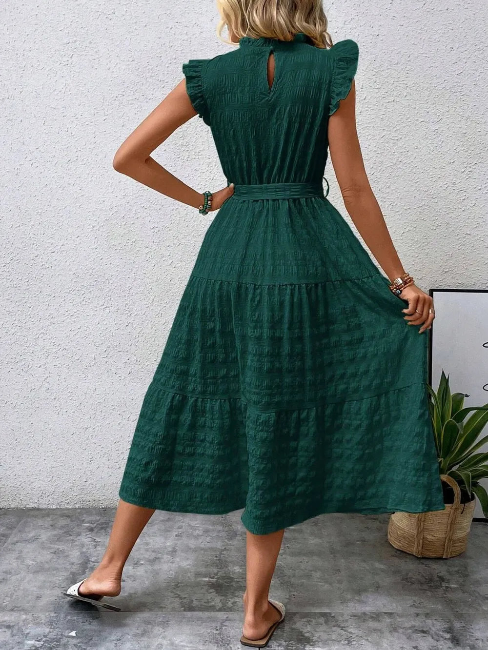 Tied Ruffled Cap Sleeve Midi Dress – Feminine Flowy Style
