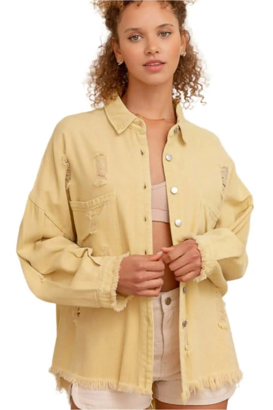 Trendsi Distressed Shacket Women's Casual Raw Hem Button Down Top USA Ship