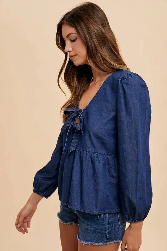 Denim Peplum Top - Navy Blue - Annie Wear Style