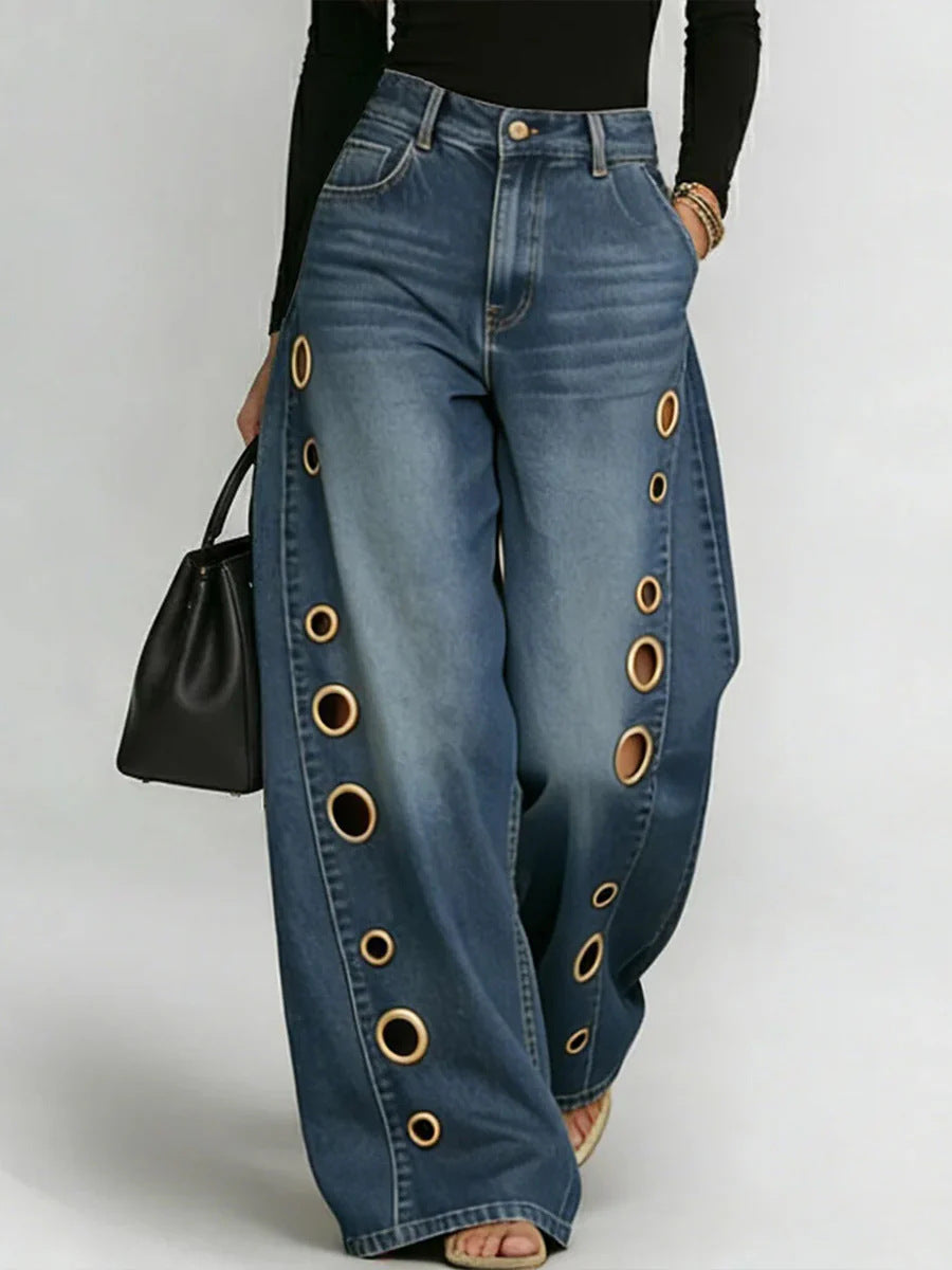 Women's Metal Eyelet High Waist Loose Wide-Leg Jeans – Light Blue, Black, Dark Blue
