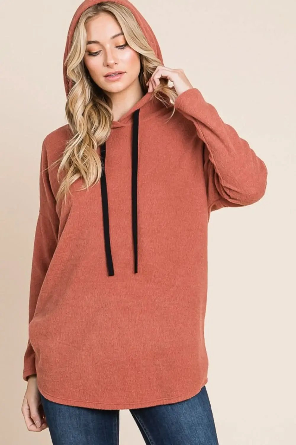 Trendsi Contrast Knit Hoodie Women's Casual Drop Shoulder Sweatshirt - Comfy & Stylish