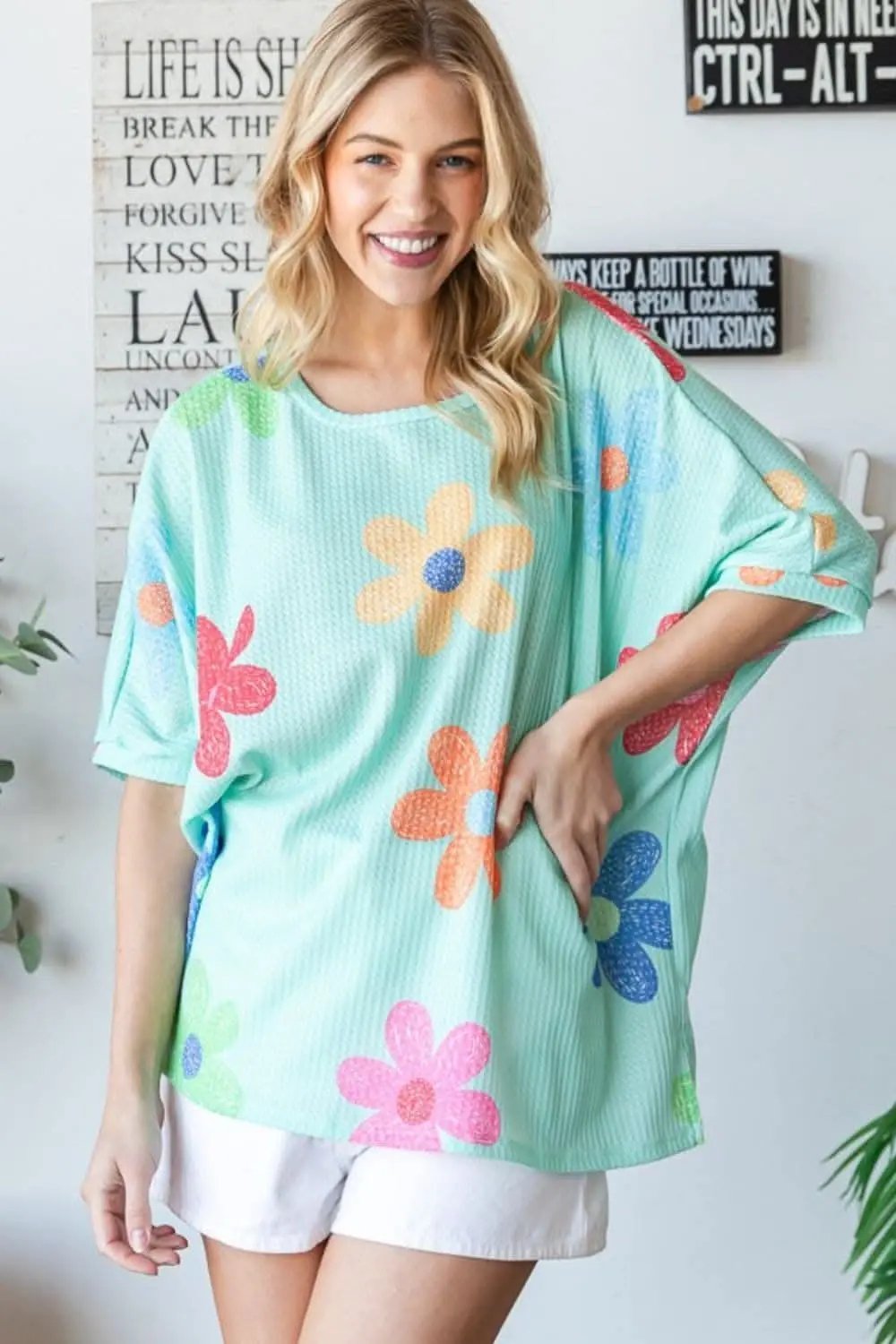 Trendsi Floral Waffle Tee Women's Everyday Oversized T-Shirt Soft & Comfy