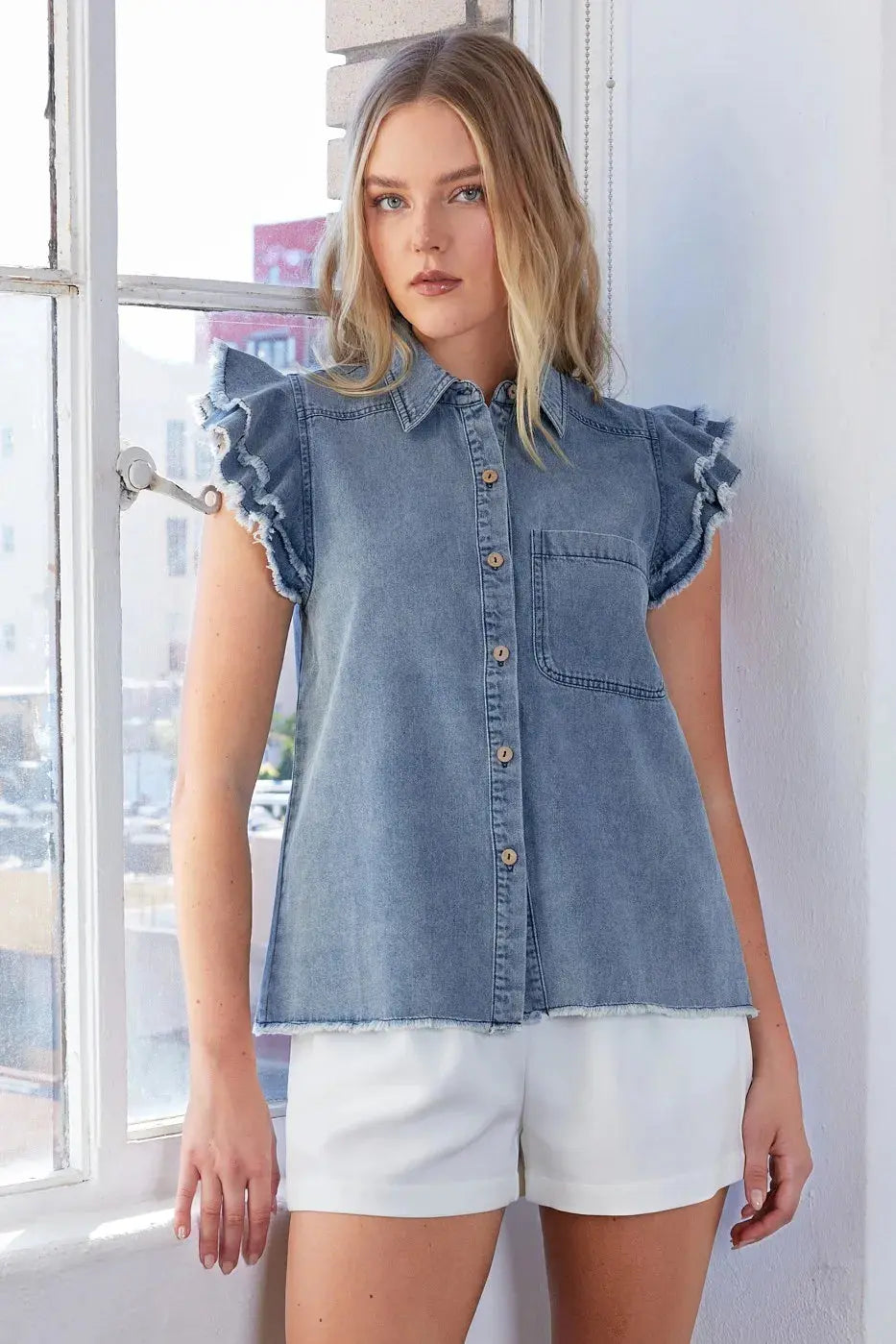 Denim Shirt - Ruffle Collared Short Sleeve - Casual Cute
