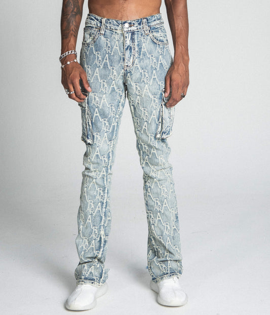 AJ36SK EMBROIDERY VINTAGE CARGO STACKED JEANS