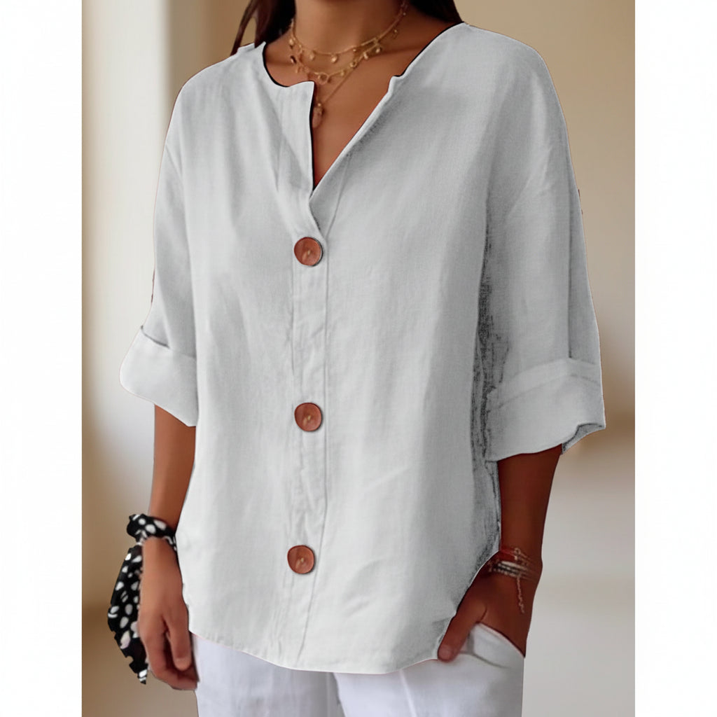 Women's V-Neck Cotton Linen Buttoned Blouse